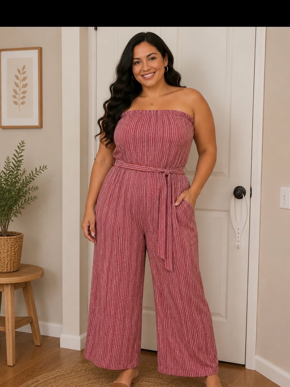 DAVI & DANI Strapless Belted Jumpsuit - Rose